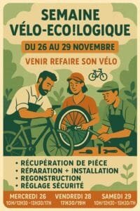 Affiche de la Semaine Vélo-Eco!Logique du 26 au 29 novembre, montrant trois personnes en train de réparer un vélo, avec les informations d’ateliers de récupération de pièces, réparation, reconstruction et réglages sécurité
