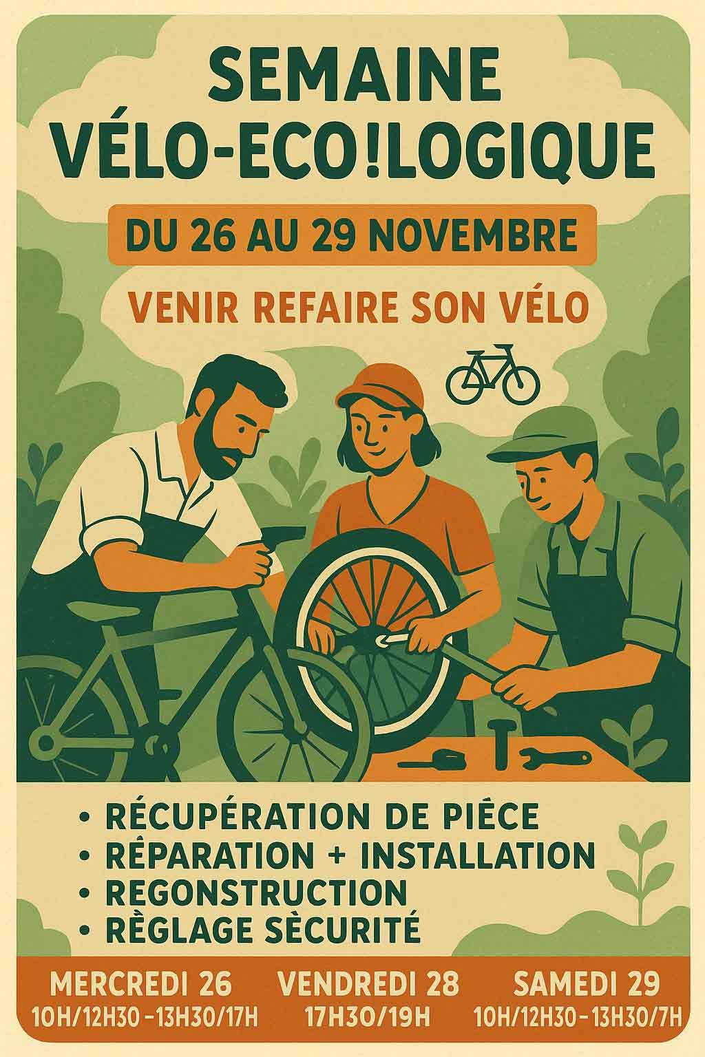 Affiche de la Semaine Vélo-Eco!Logique du 26 au 29 novembre, montrant trois personnes en train de réparer un vélo, avec les informations d’ateliers de récupération de pièces, réparation, reconstruction et réglages sécurité